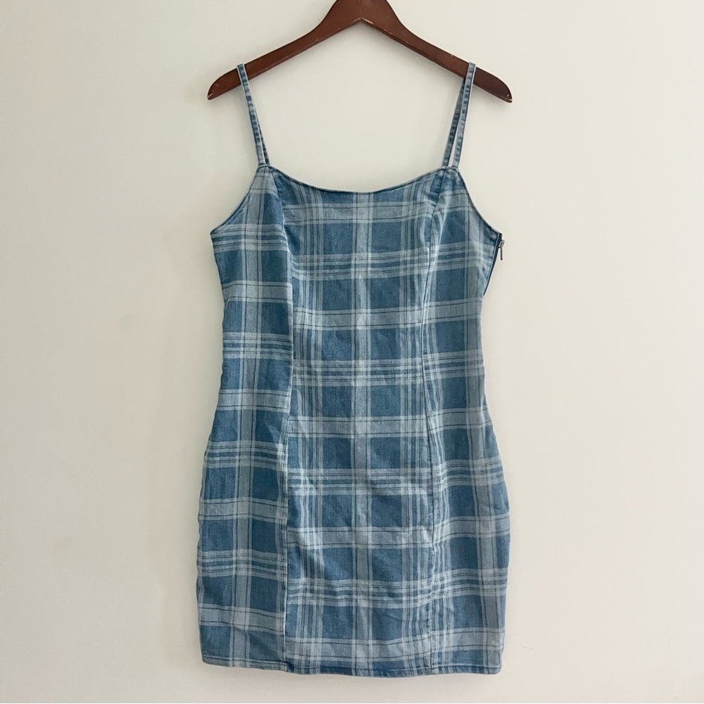 NWT H&M Divided Y2k 90s Blue Plaid Thin Denim Dress Strappy Bodycon Large